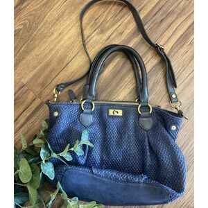 J.CREW Midnight Blue Woven Nylon Leather Trim Turnlock Satchel Shoulder Bag READ